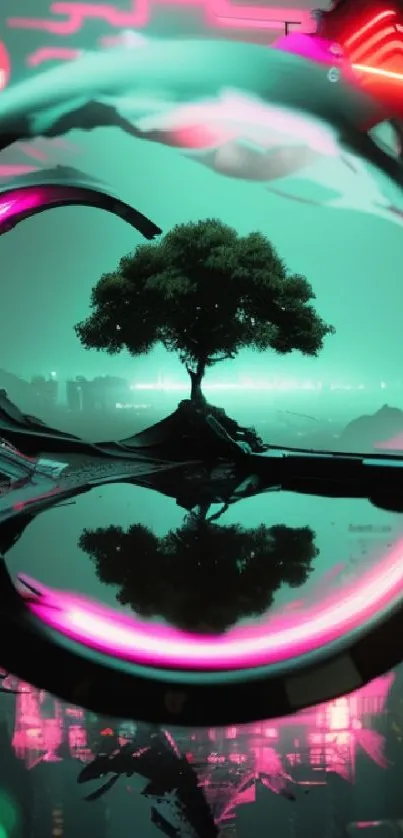 Futuristic neon tree with cityscape background in surreal artwork.