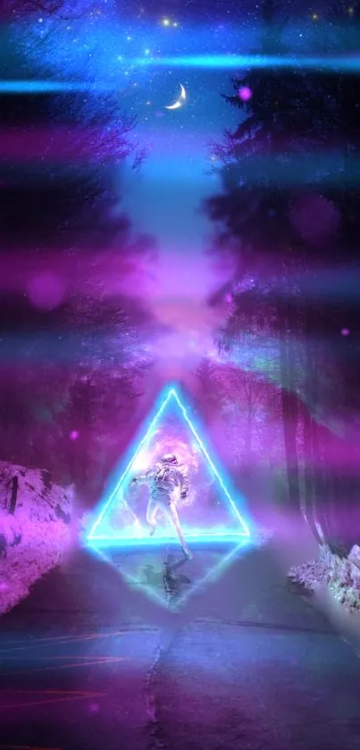 Futuristic neon triangle in purple cosmic scene.