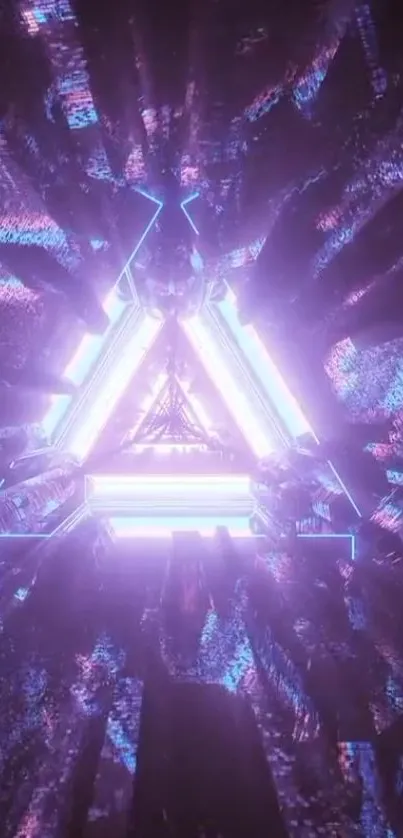 Futuristic neon triangle with abstract purple glow.