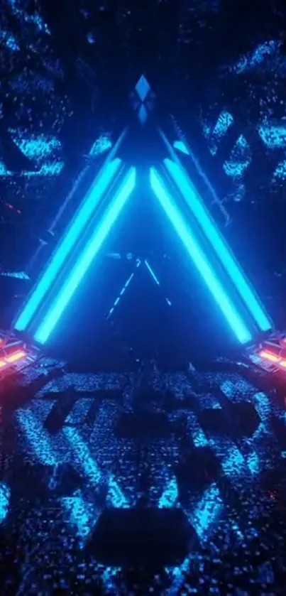 Futuristic neon triangle with glowing blue lights abstract art.