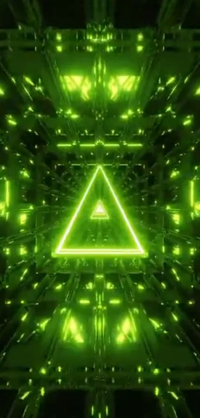 Futuristic neon triangle in digital space with glowing green hues.