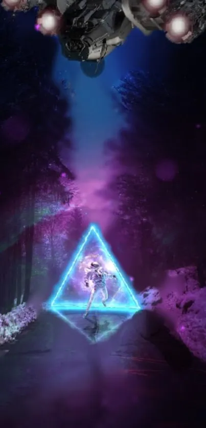 Futuristic neon triangle in a mystical forest with cosmic elements.