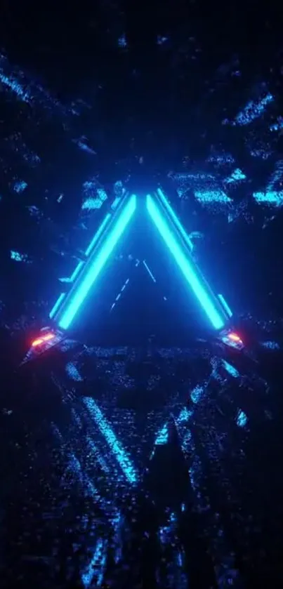 Futuristic neon triangle with glowing blue lights on a dark background.