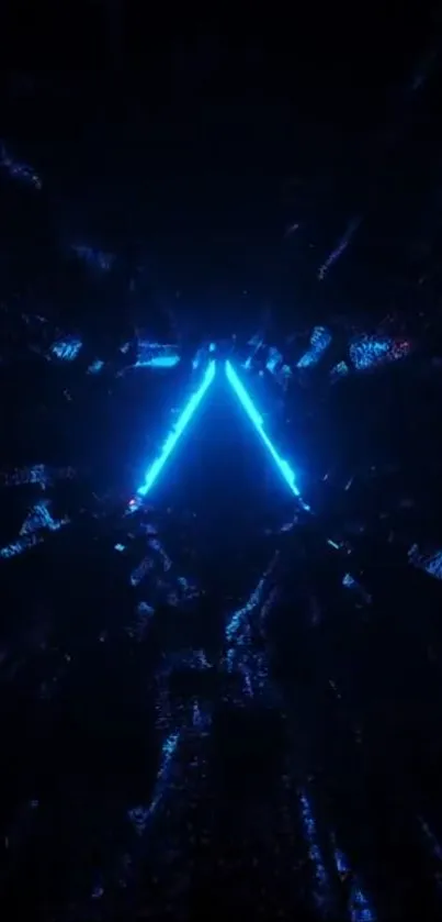 Futuristic blue neon triangle on dark background.