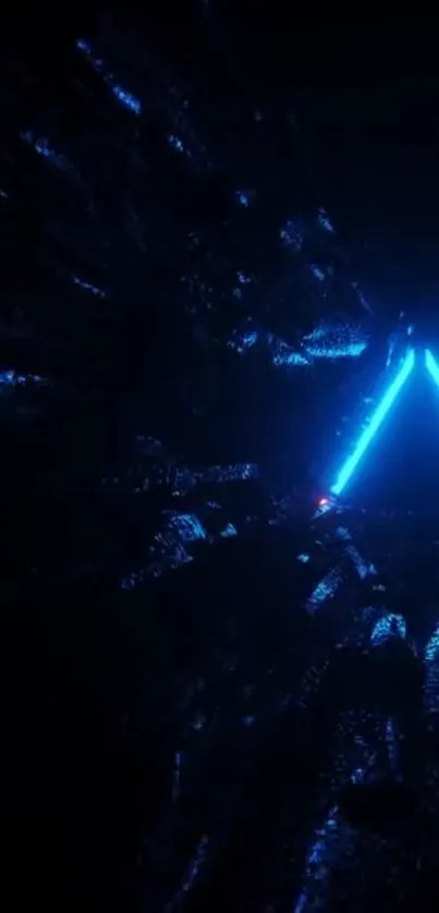 Futuristic neon triangle wallpaper with glowing blue lights in a dark background.