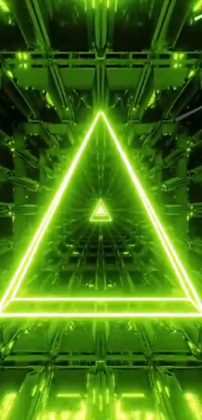 Futuristic neon triangle with geometric pattern in vibrant green.