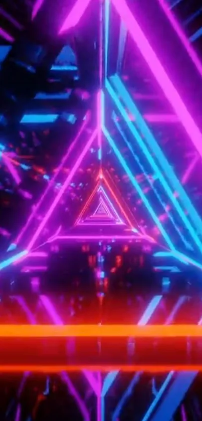 Futuristic neon triangle tunnel wallpaper in pink, blue, and red.