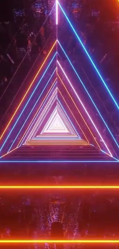 Futuristic neon triangle design with red and blue highlights.