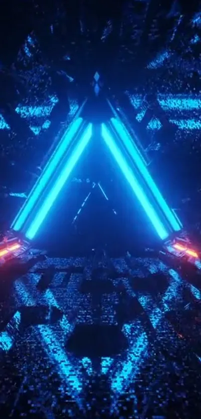 Futuristic neon triangle with blue lights.