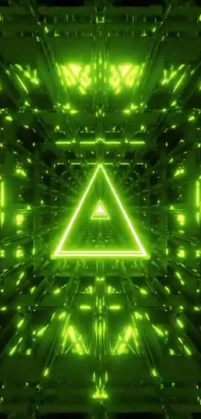 Futuristic neon triangle wallpaper with glowing green patterns.