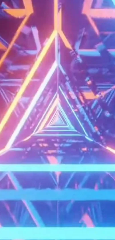 Futuristic neon triangle wallpaper with glowing blue and orange lines.