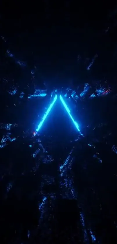 Futuristic neon triangle with blue glow on dark background.