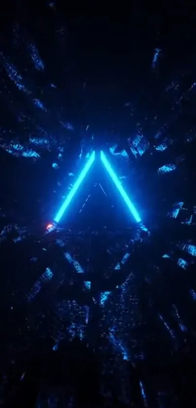 Futuristic neon triangle with glowing blue lights against a dark background.