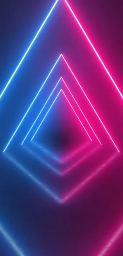 Neon triangles in blue and pink light tunnel wallpaper.