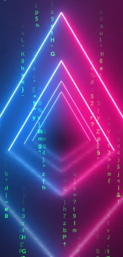 Futuristic neon triangle wallpaper with pink and blue lights.