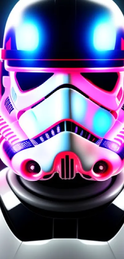 Futuristic neon trooper helmet with vibrant lights.