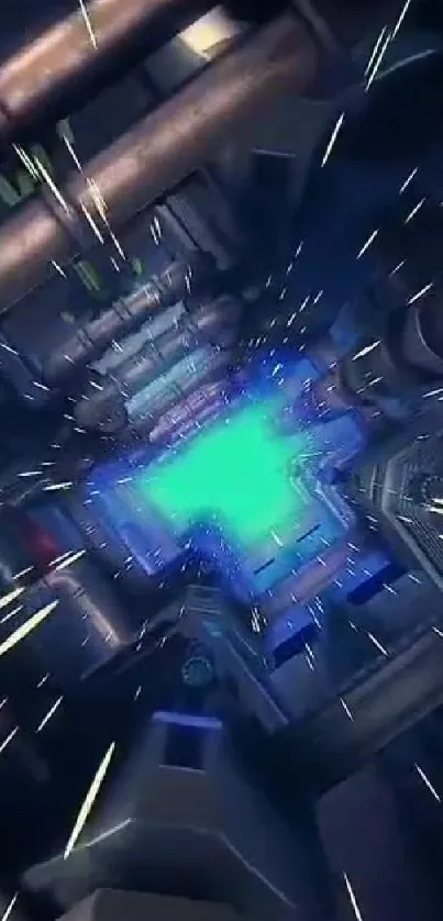 Futuristic neon tunnel with blue-green light effects and metallic elements.