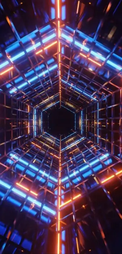 Futuristic neon tunnel with blue and orange lights.