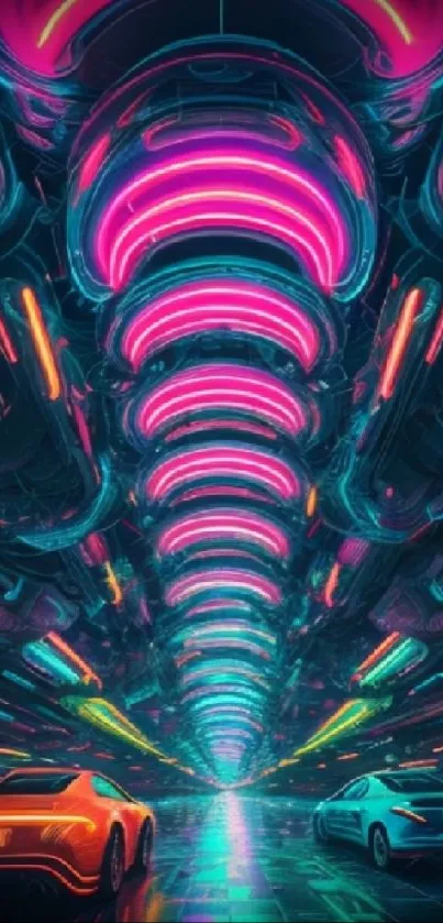 Futuristic vehicles in a neon-lit tunnel landscape.