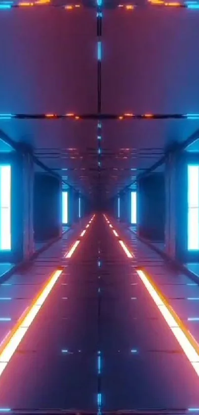 Futuristic neon tunnel with blue and orange lights.