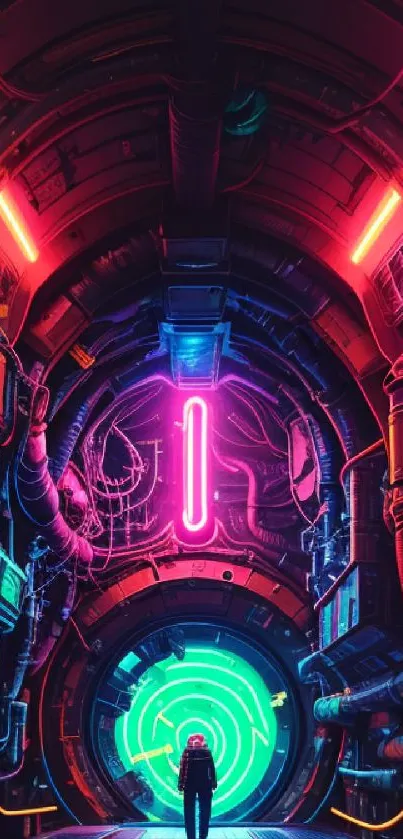 Futuristic neon tunnel with glowing lights and vibrant colors.