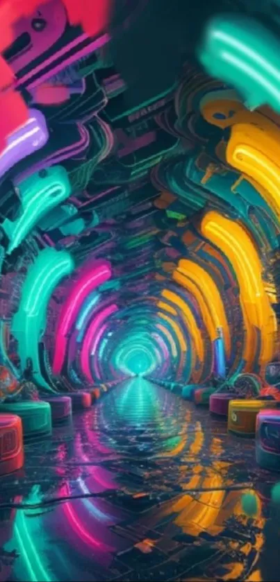 Futuristic neon tunnel with vibrant colors and reflective floor.