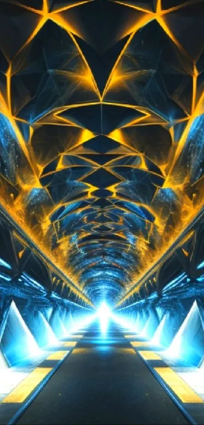 Futuristic neon tunnel with geometric patterns in blue and gold hues.