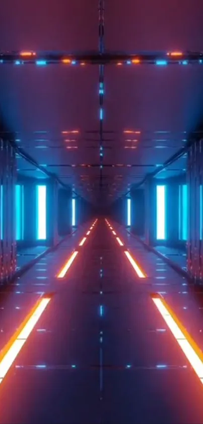 Futuristic neon tunnel with blue and orange lights.