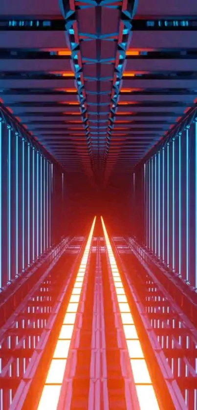 Futuristic neon-lit tunnel art with electric blue and red accents.