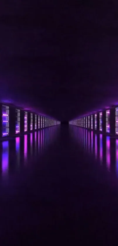 Futuristic neon tunnel with purple lights and reflections.