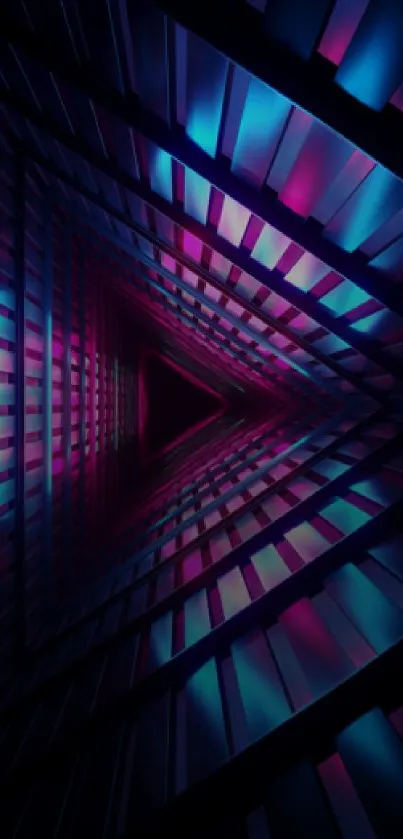 Futuristic neon tunnel with pink and blue hues, geometric pattern.