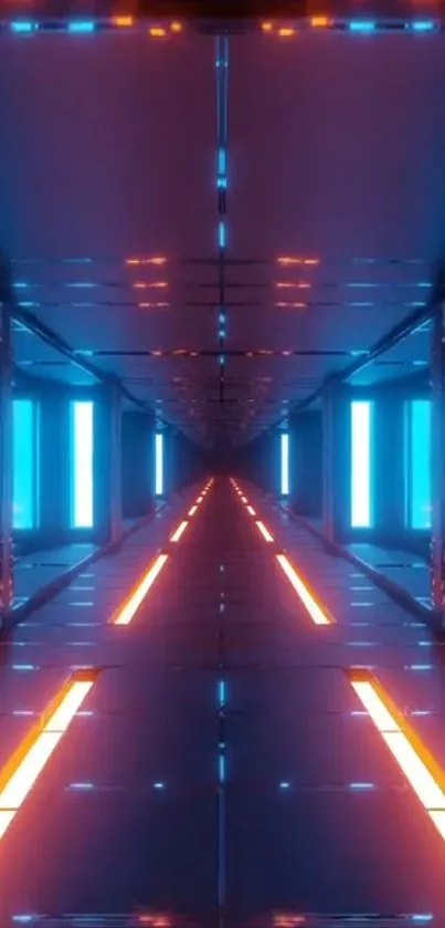 Futuristic neon tunnel with blue and orange lights.