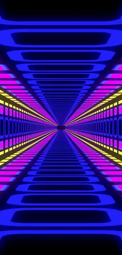 Colorful neon tunnel with geometric patterns in blue, pink, and yellow hues.