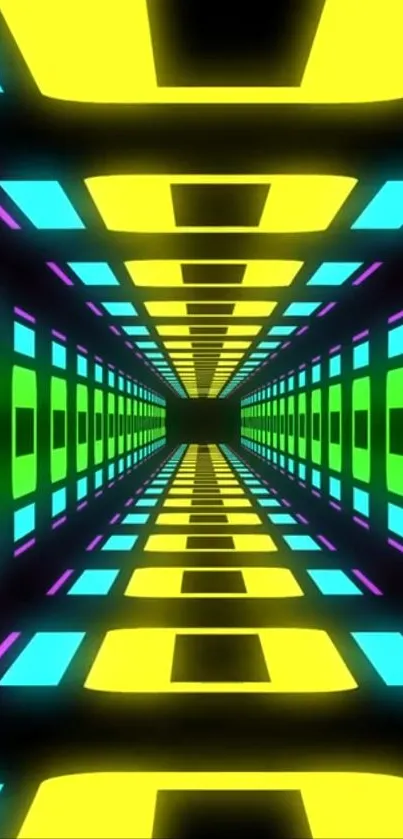 Neon tunnel wallpaper with geometric patterns in vibrant colors.