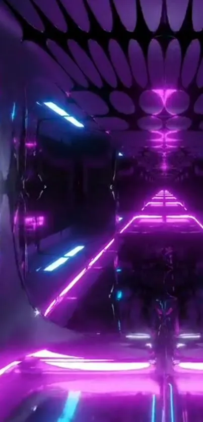 Futuristic tunnel wallpaper with neon lights and reflections.