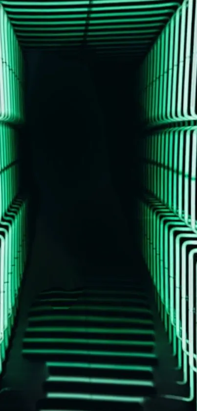 Abstract green neon tunnel with repetitive light pattern.