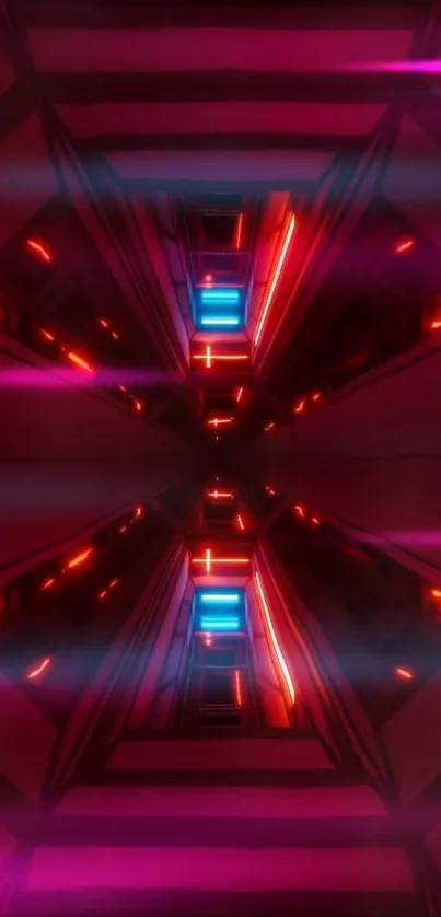 Futuristic neon tunnel with red and blue light effects.