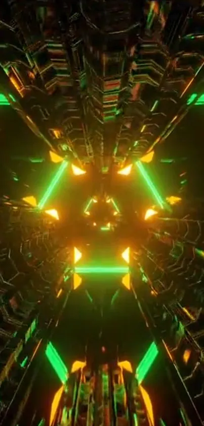 Futuristic neon tunnel with green and orange lights.