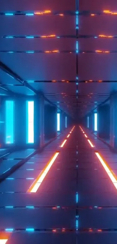 Futuristic neon tunnel wallpaper with blue and orange lights.