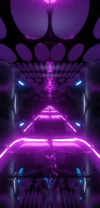 Futuristic neon tunnel with purple and blue lights creating a vibrant abstract design.