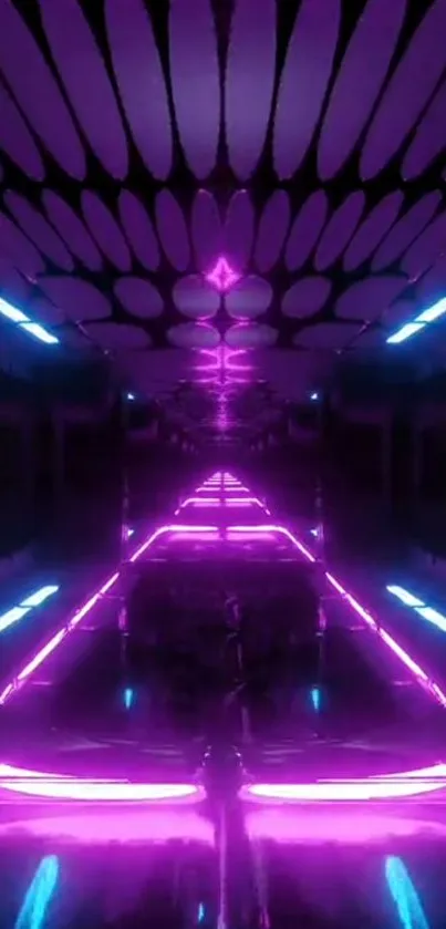 Futuristic neon tunnel with vibrant pink and blue lights in a symmetrical design.