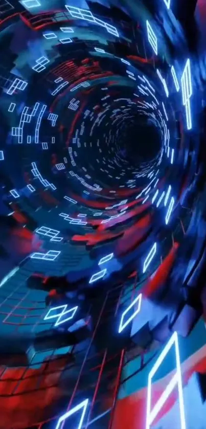 Futuristic neon tunnel with geometric patterns and glowing lights.