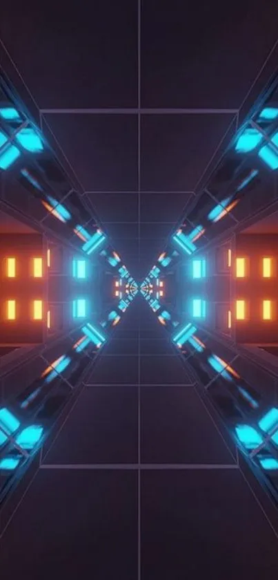 Futuristic neon tunnel design with blue and orange lights.