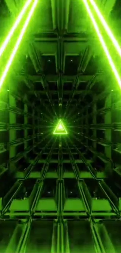 Neon green futuristic tunnel with geometric patterns.