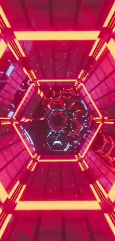 Futuristic neon tunnel with glowing red lights.