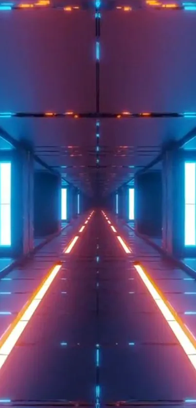 Futuristic neon tunnel in blue and orange hues, creating an immersive digital design.