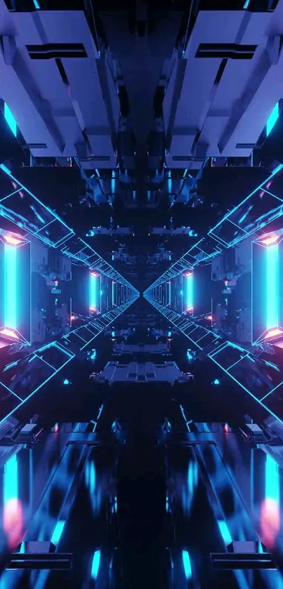 Futuristic neon tunnel with blue and pink glowing lines.