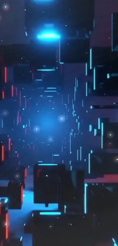 Futuristic neon tunnel with glowing blue and red cubes, creating a digital, sci-fi aesthetic.