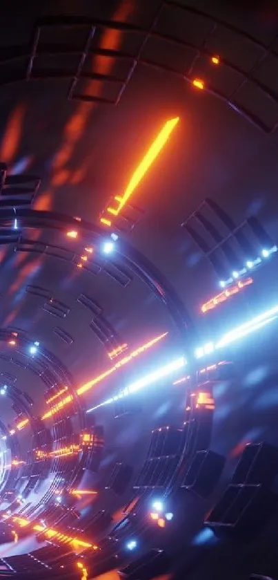 Futuristic neon tunnel wallpaper with vibrant orange and blue details.