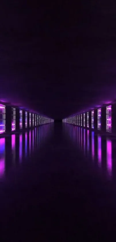 Futuristic neon-lit tunnel with purple and pink lights reflecting on dark surface.